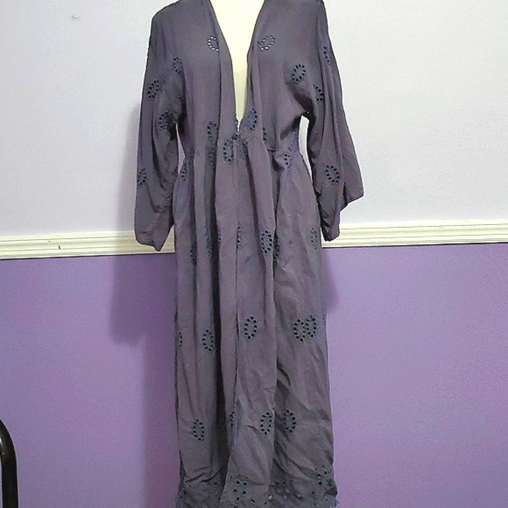 Blue Gray Boho Romantic Eyelet Fitted Waist Longline Duster Cardigan OS